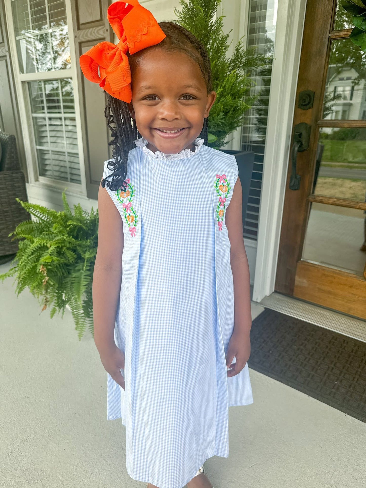 Embroidered Pumpkins on Blue Gingham Dress