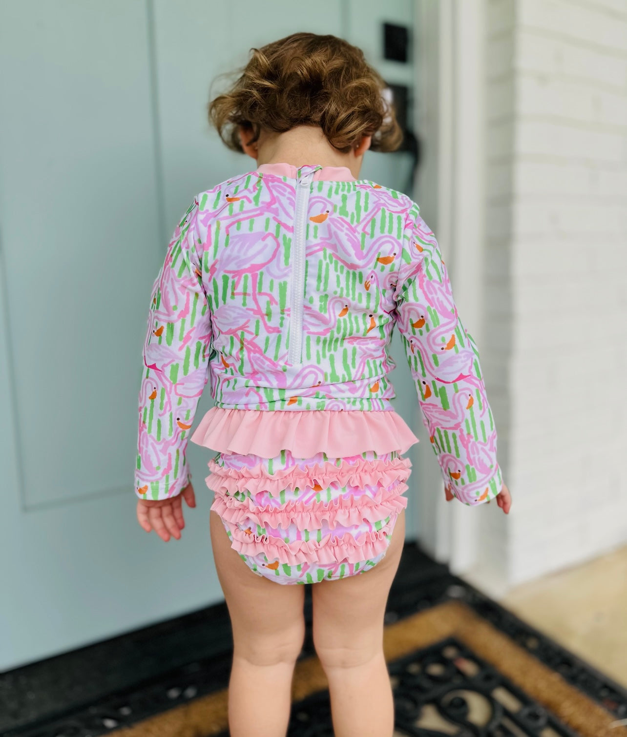 Flamingo Print Girl Two Piece Rashguard Set