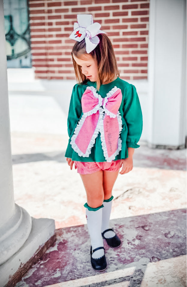 Green Corduroy and Red Bow Front Bloomer Set