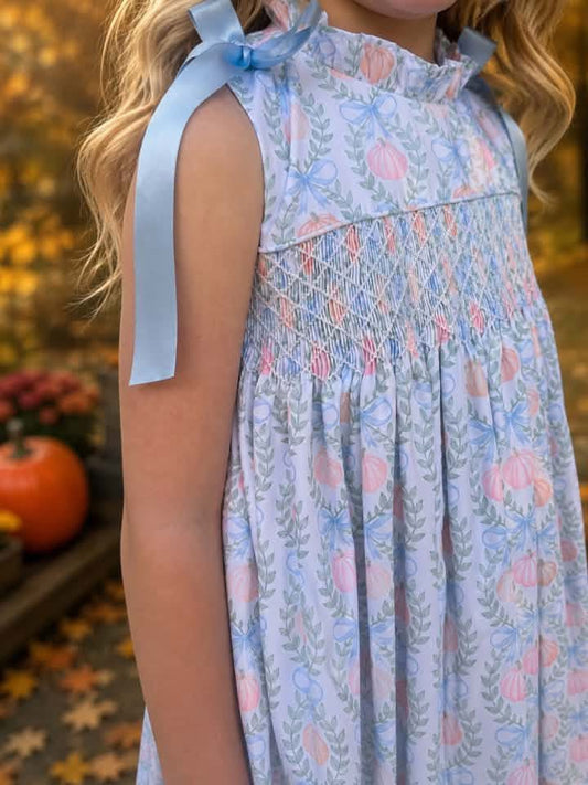 Bow Shoulder Pumpkin Print Smocked Dress