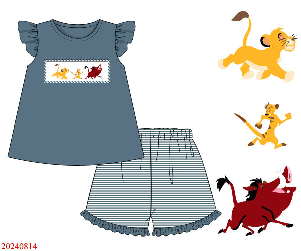 Lion Friend Smocked Girl Short Set