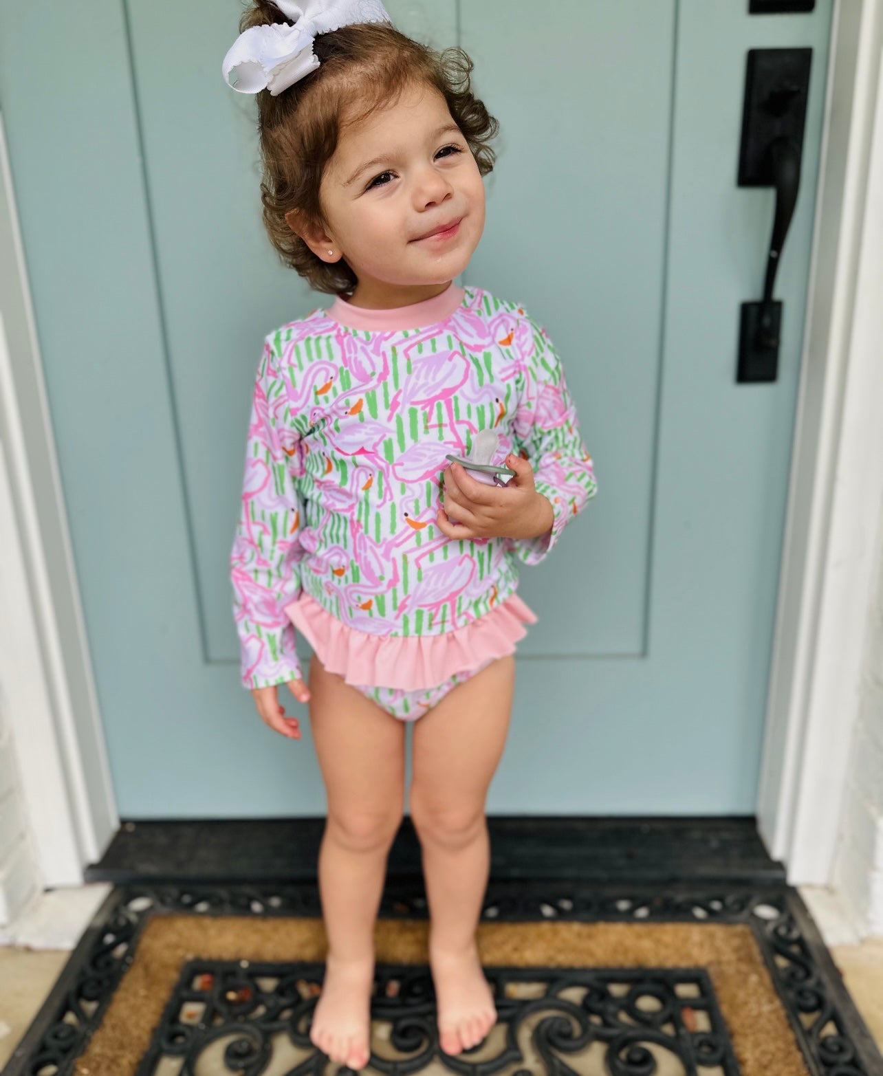 Flamingo Print Girl Two Piece Rashguard Set