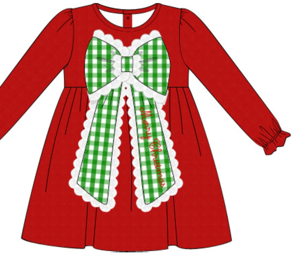 Green Corduroy and Red Bow Front Dress