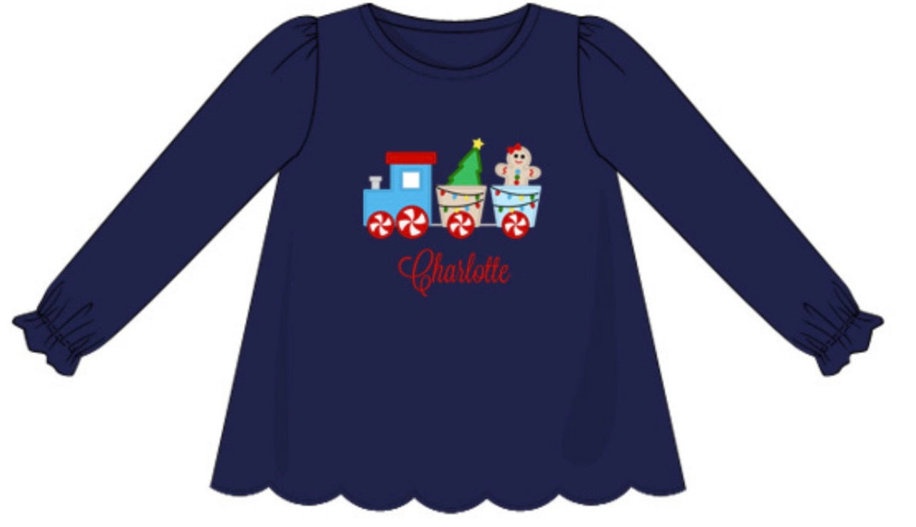 Girl Christmas Train Applique Shirt