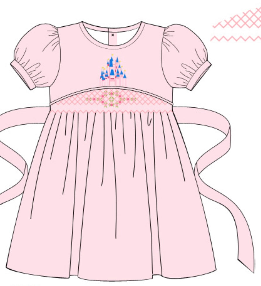 Pink Embroidered Castle Smocked Dress