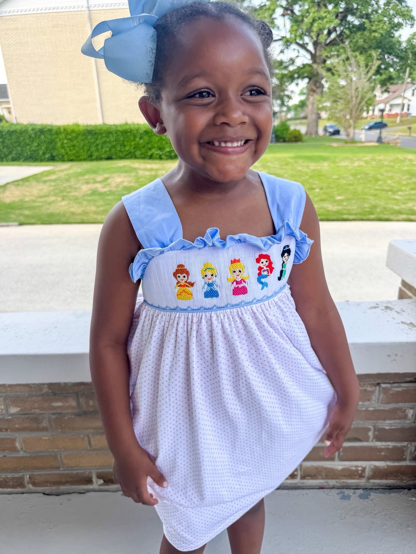 Smocked Princess Bitty Blue Dot Knit Dress