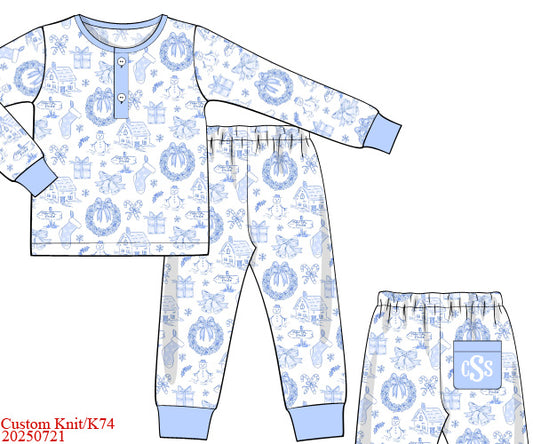 Light Blue Christmas Toile Bow Boy Classic Cozy