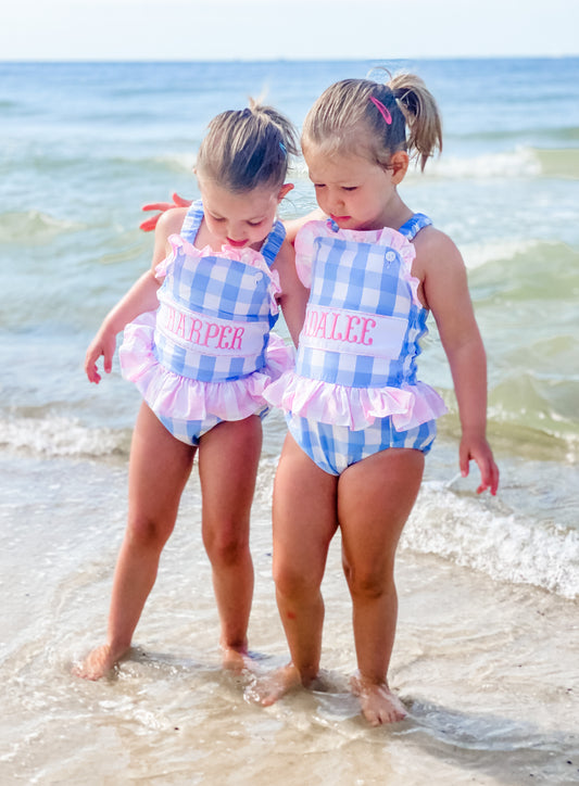 Pink and Blue Checked Swimsuit