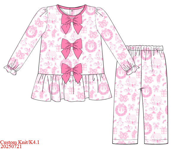 Pink Christmas Toile Bow Front Girl Classic Cozy