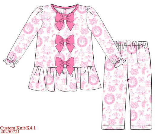 Pink Christmas Toile Bow Front Girl Classic Cozy
