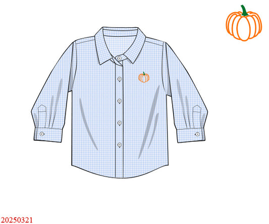 Embroidered Pumpkins on Blue Gingham Button Down Shirt