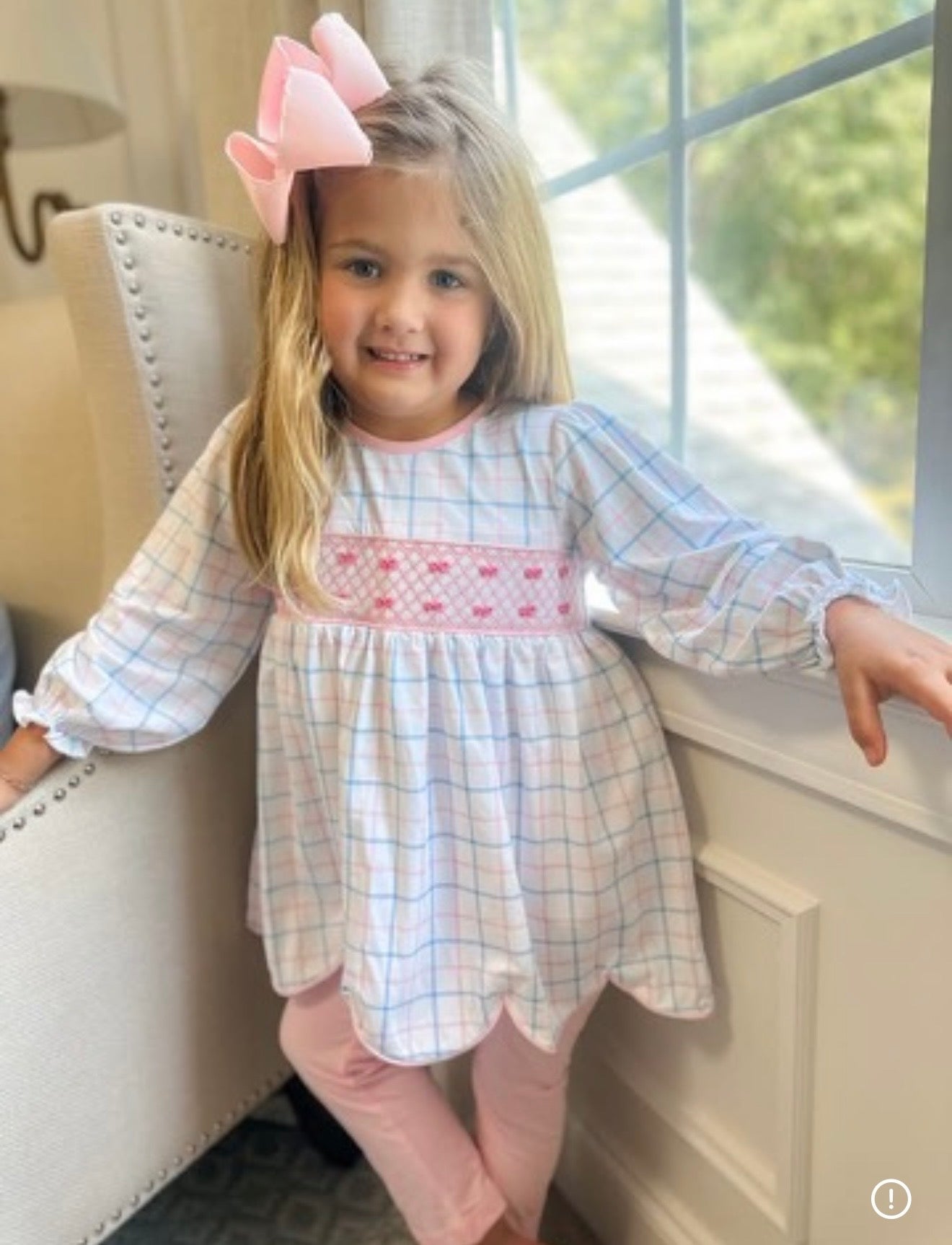 Blue and Pink Check Girl Pant Set with Bow Smocking