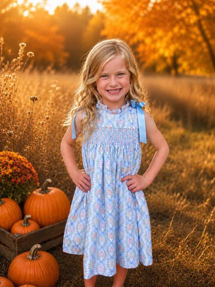 Bow Shoulder Pumpkin Print Smocked Dress