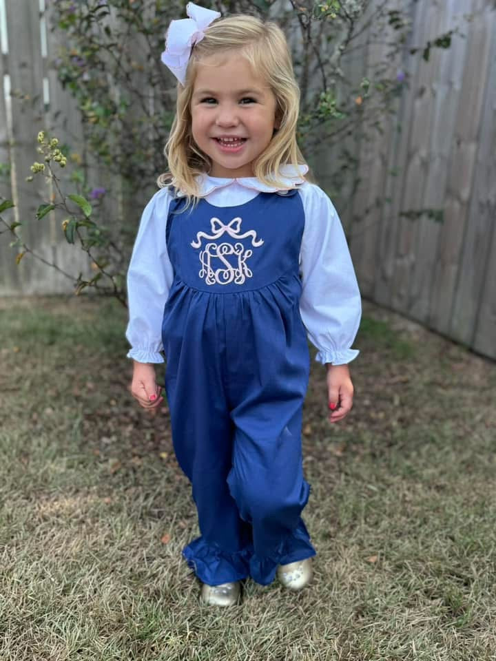 Navy Embroidered Bow Corduroy Romper- Includes Embroidered Bow Peter Pan Shirt