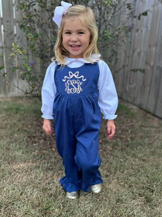 Navy Embroidered Bow Corduroy Romper- Includes Embroidered Bow Peter Pan Shirt