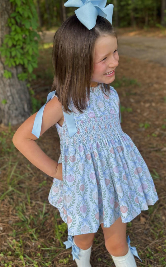 Bow Shoulder Pumpkin Print Smocked Bloomer Set