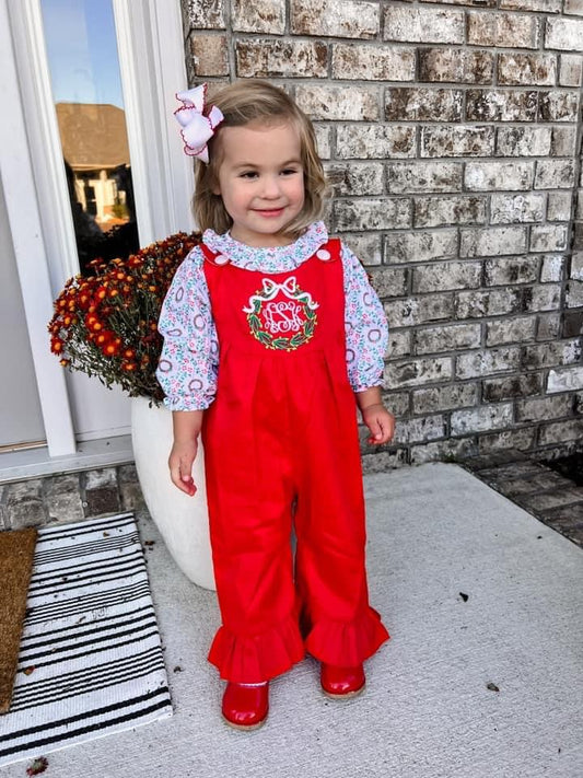 Embroidered Wreath Long Romper with Holly Peter Pan Shirt