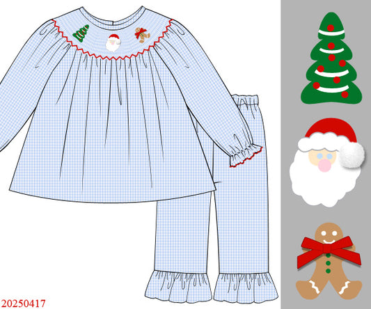 Smocked Blue Classic Christmas Girl Pant Set