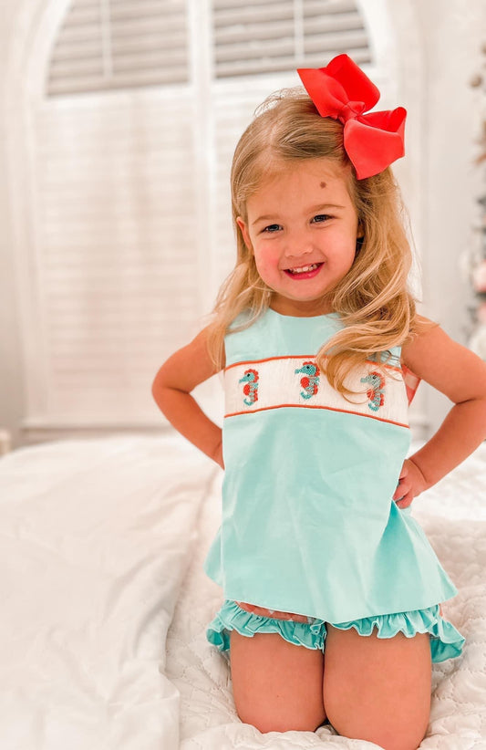 Smocked Seahorse Girl Short Set