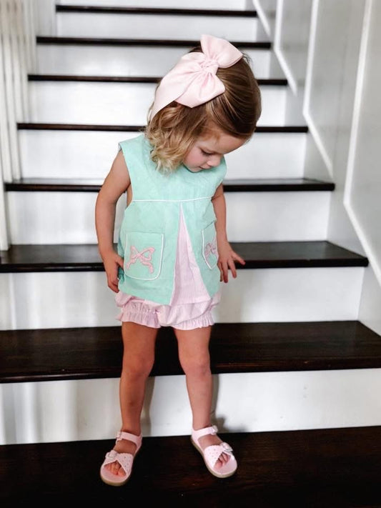 Embroidered Bows On Mint Bloomer Set