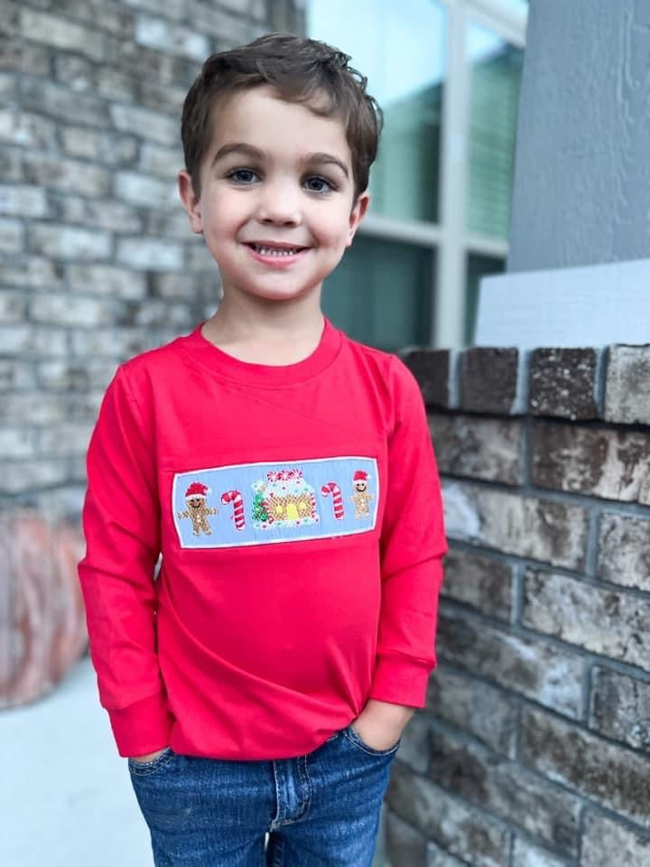 Gingerbread on Red Smocked Boy Shirt