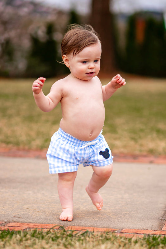 Blue Smocked Mouse Trunks