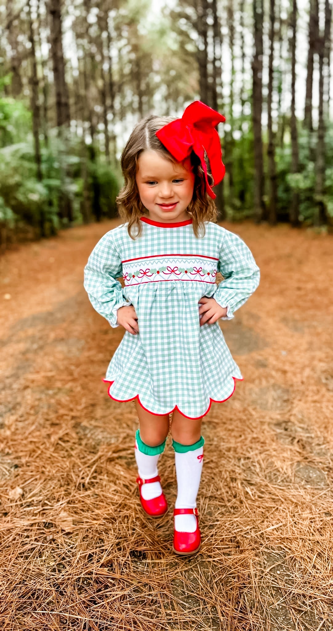 Sage Christmas Bow Smocked Skirted Bubble