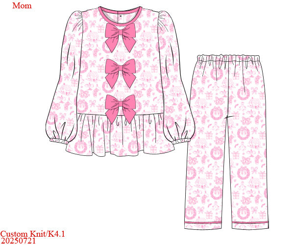Pink Christmas Toile Mom Bow Front Classic Cozy