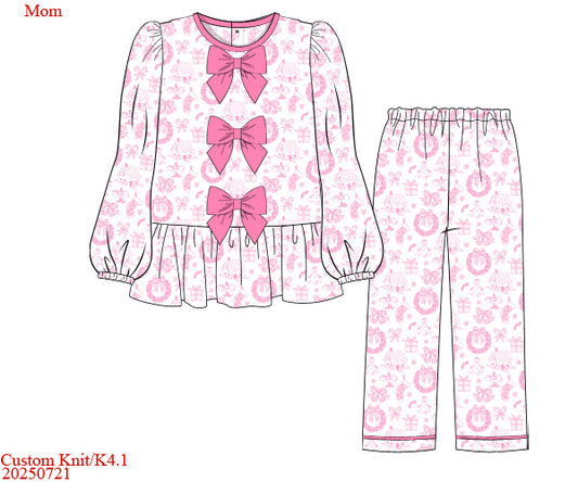 Pink Christmas Toile Mom Bow Front Classic Cozy