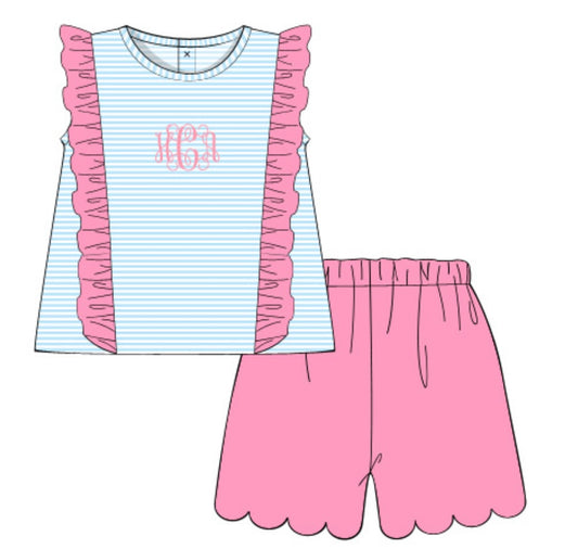 Pink and Blue Striped Knit Short Set