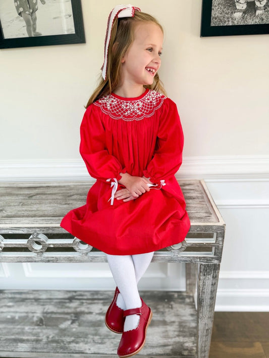 Pearl Bows On Red Pique Bishop Dress