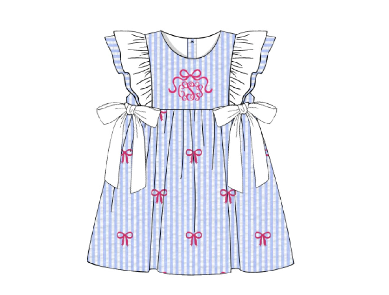 Blue Seersucker Bow Embroidered Dress