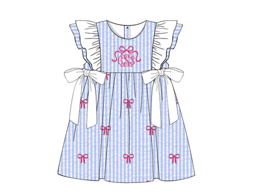 Blue Seersucker Bow Embroidered Dress