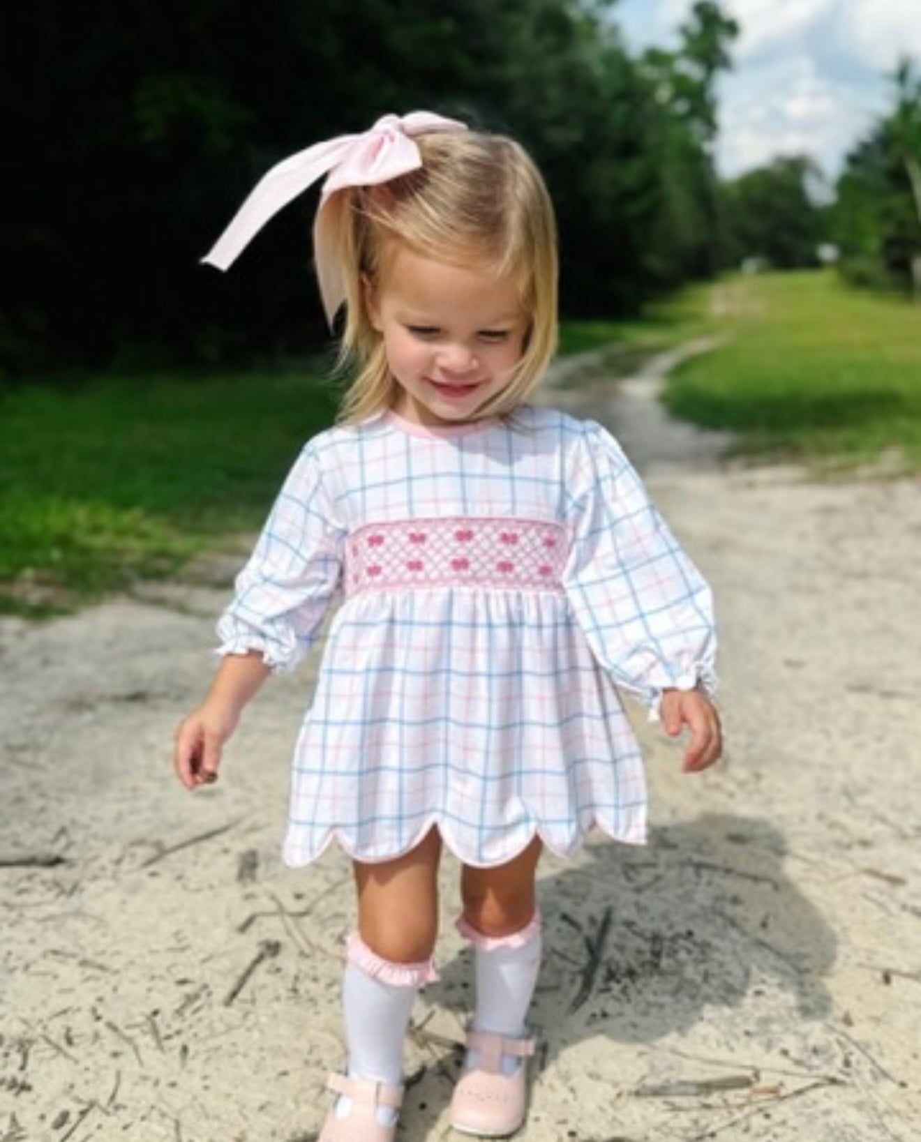Pink and Blue Checked with Bow Smocking Long Bubble