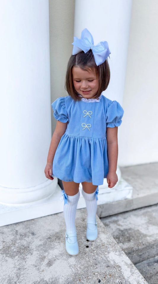 Pearl Bows on Blue Bloomer Set
