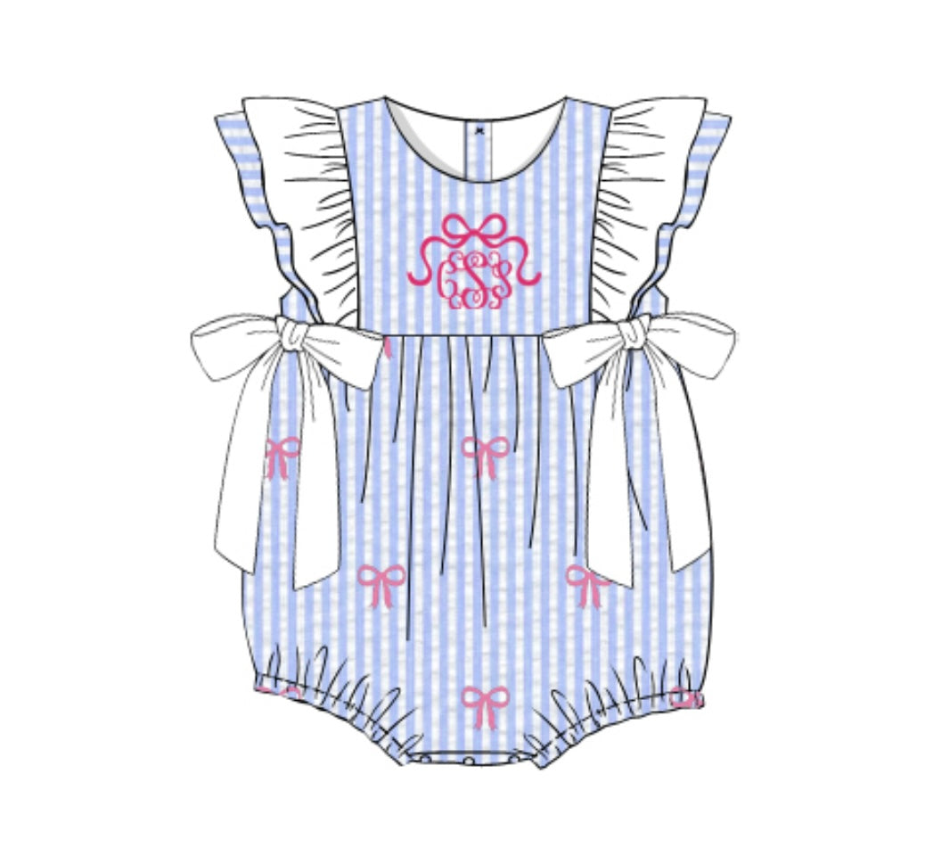 Blue Seersucker Bubble with Embroidered Bows