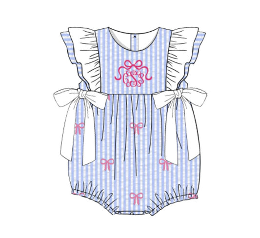 Blue Seersucker Bubble with Embroidered Bows