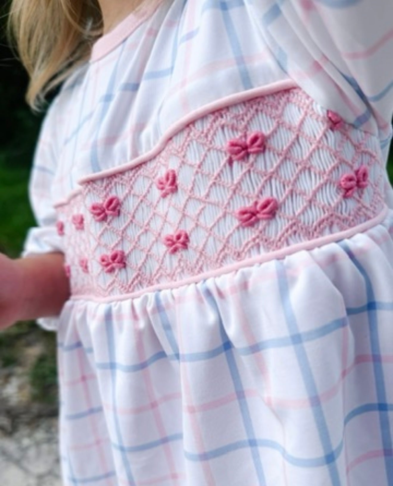 Pink and Blue Checked with Bow Smocking Long Bubble