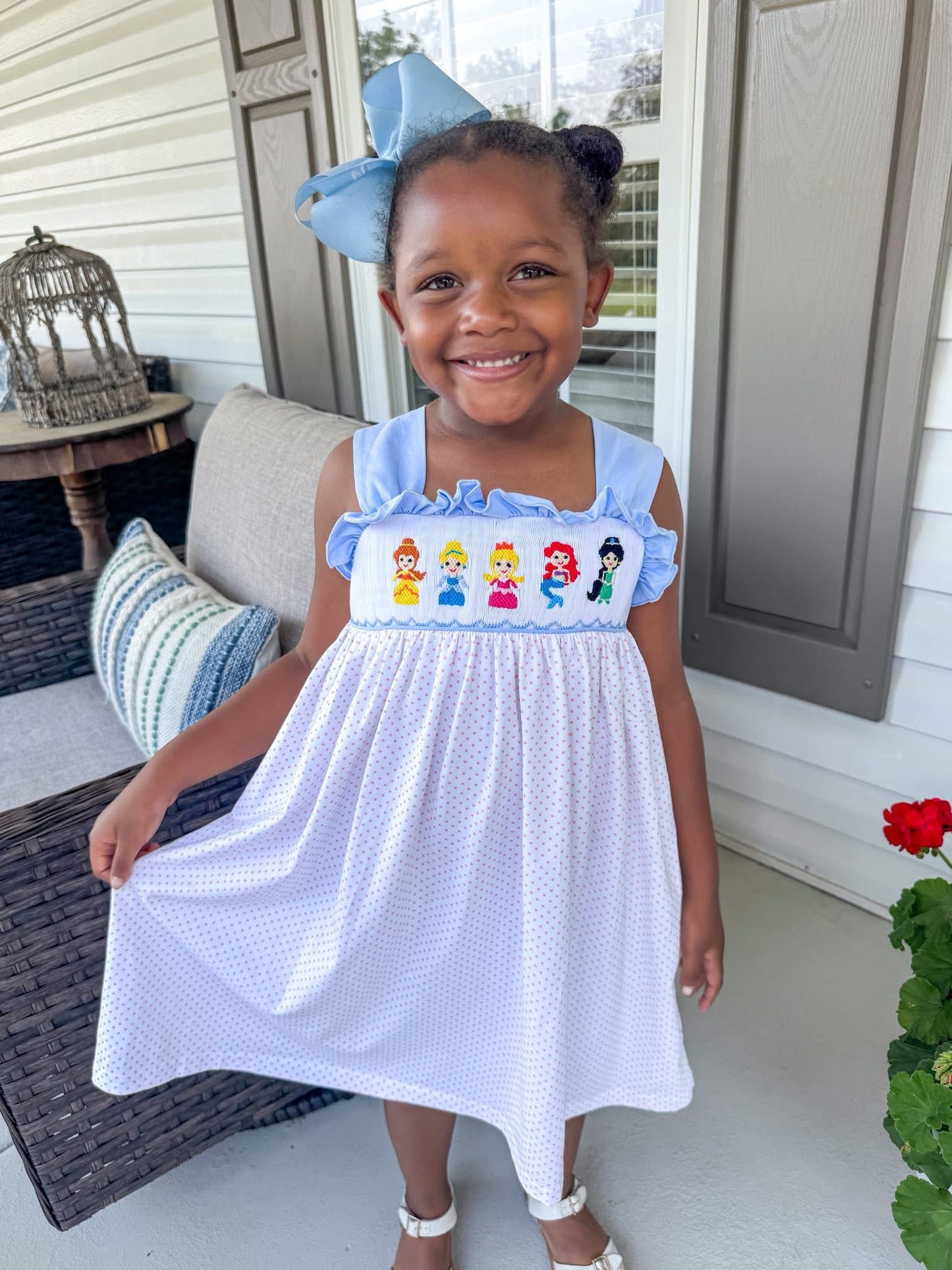Smocked Princess Bitty Blue Dot Knit Dress