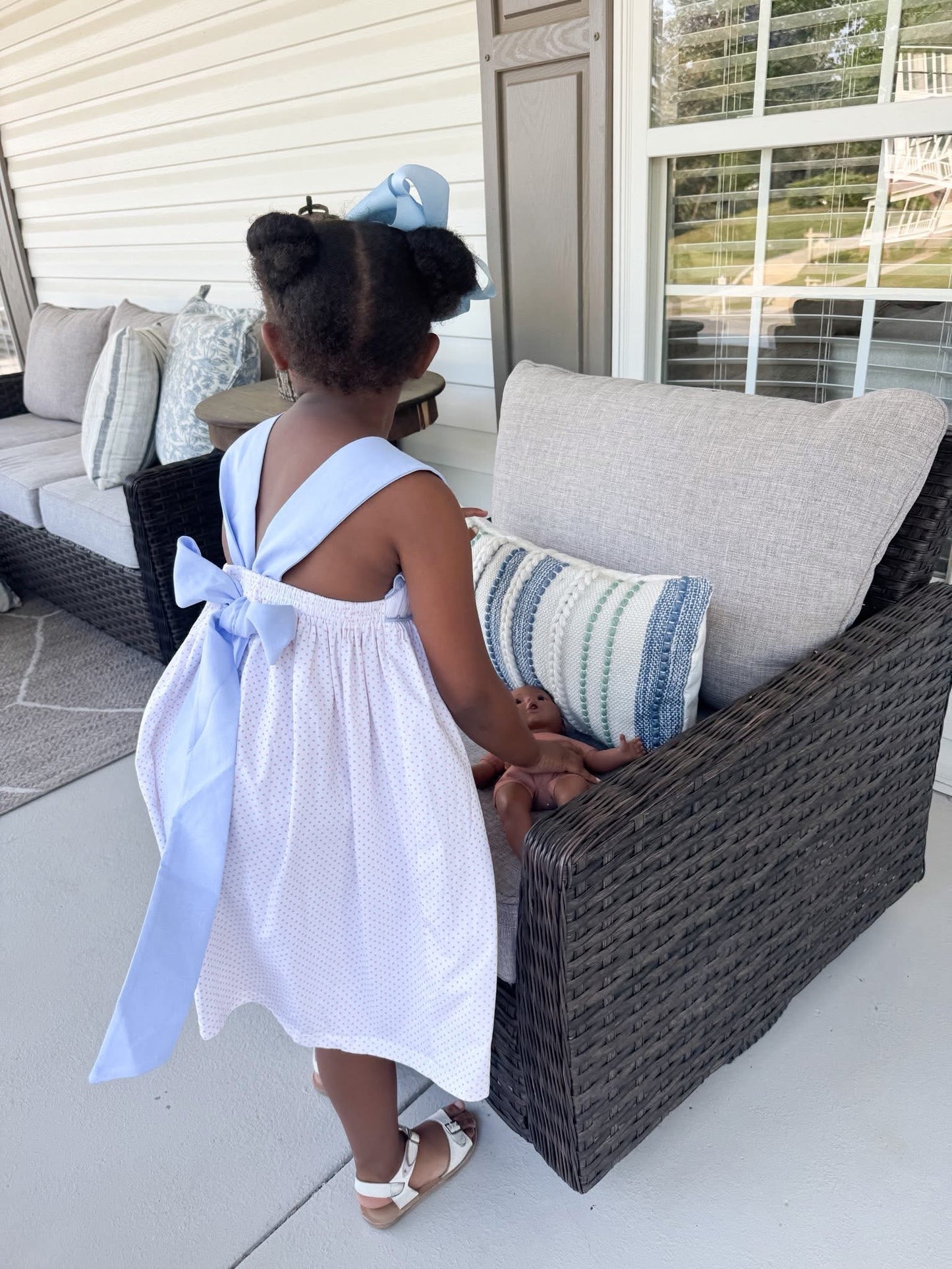 Smocked Princess Bitty Blue Dot Knit Dress