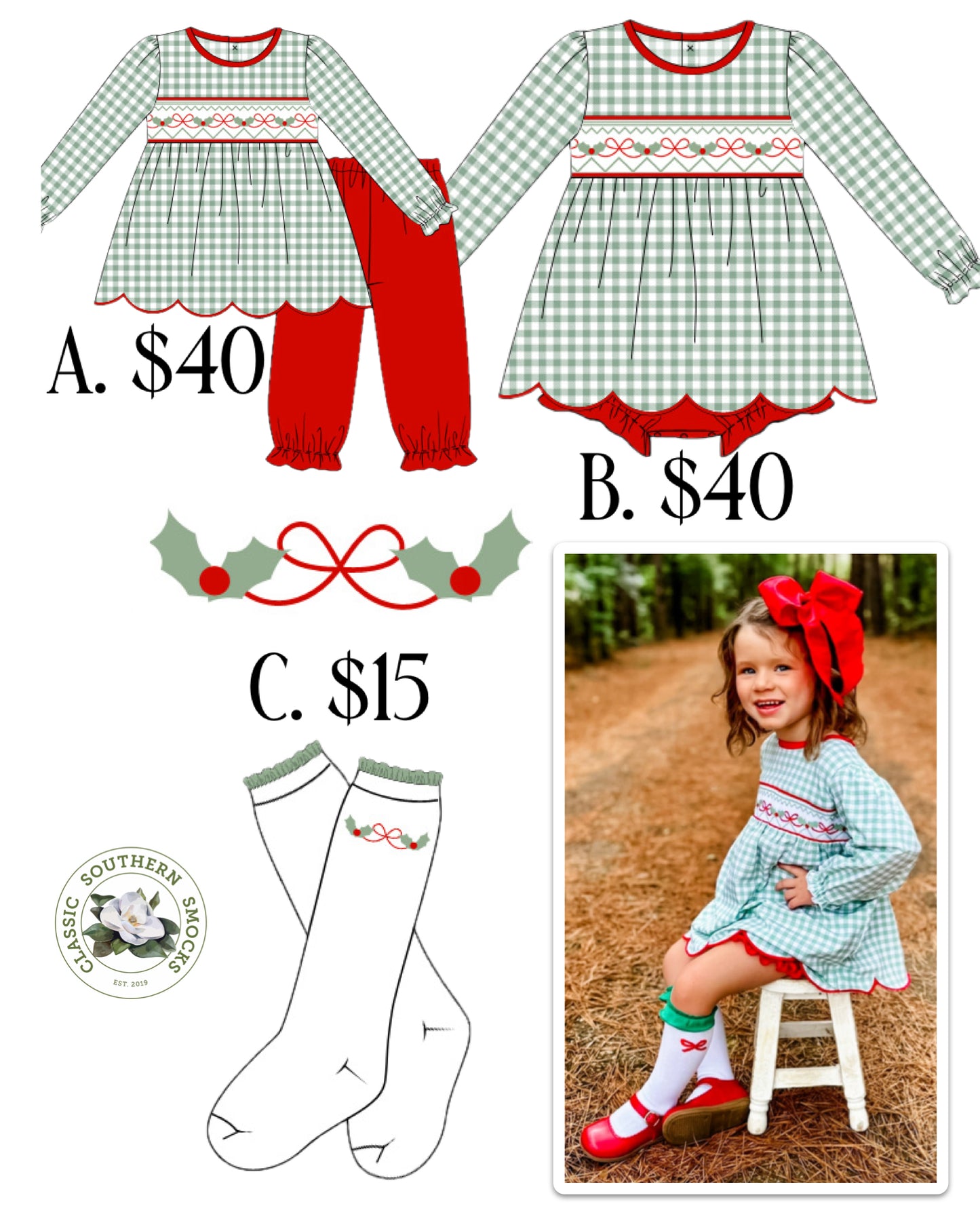 PO90 Sage and Red Bows Collection